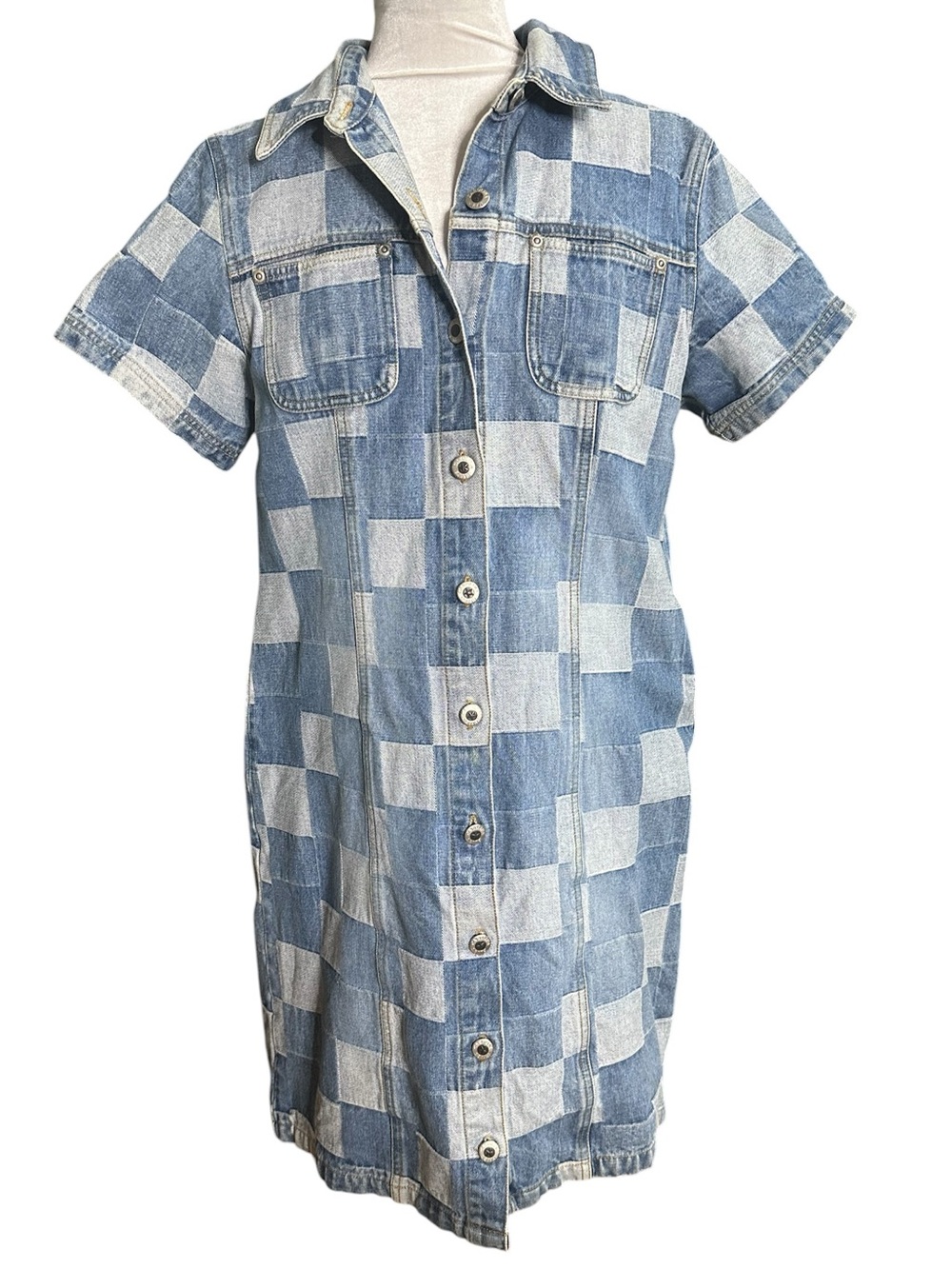 Carolina Blues Vintage Y2K Denim Patchwork Shirt Button Up Dress. Size Large